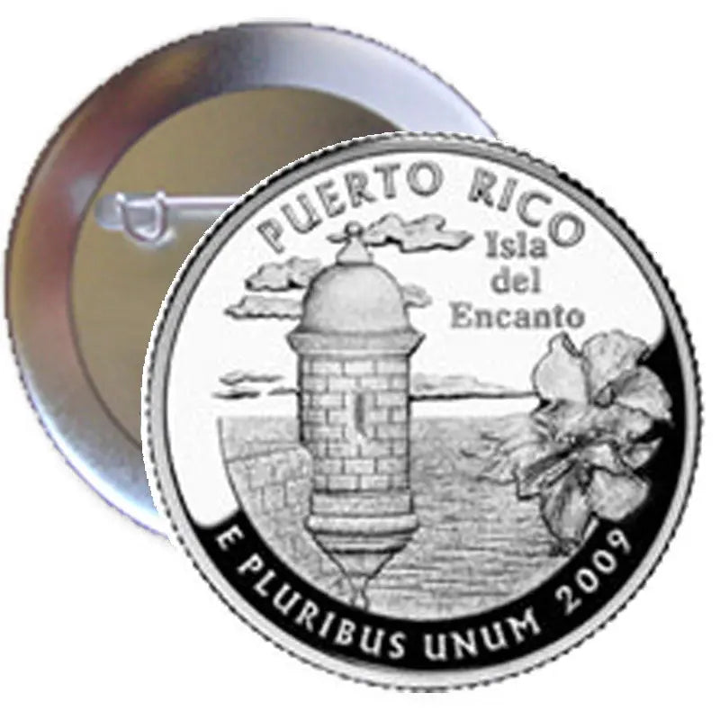 Round silver Puerto Rico coin-style pinback with 2009 lettering and castle landscape