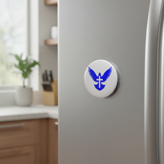 2.25-inch Christian dove with cross peace magnet, round white with blue symbol