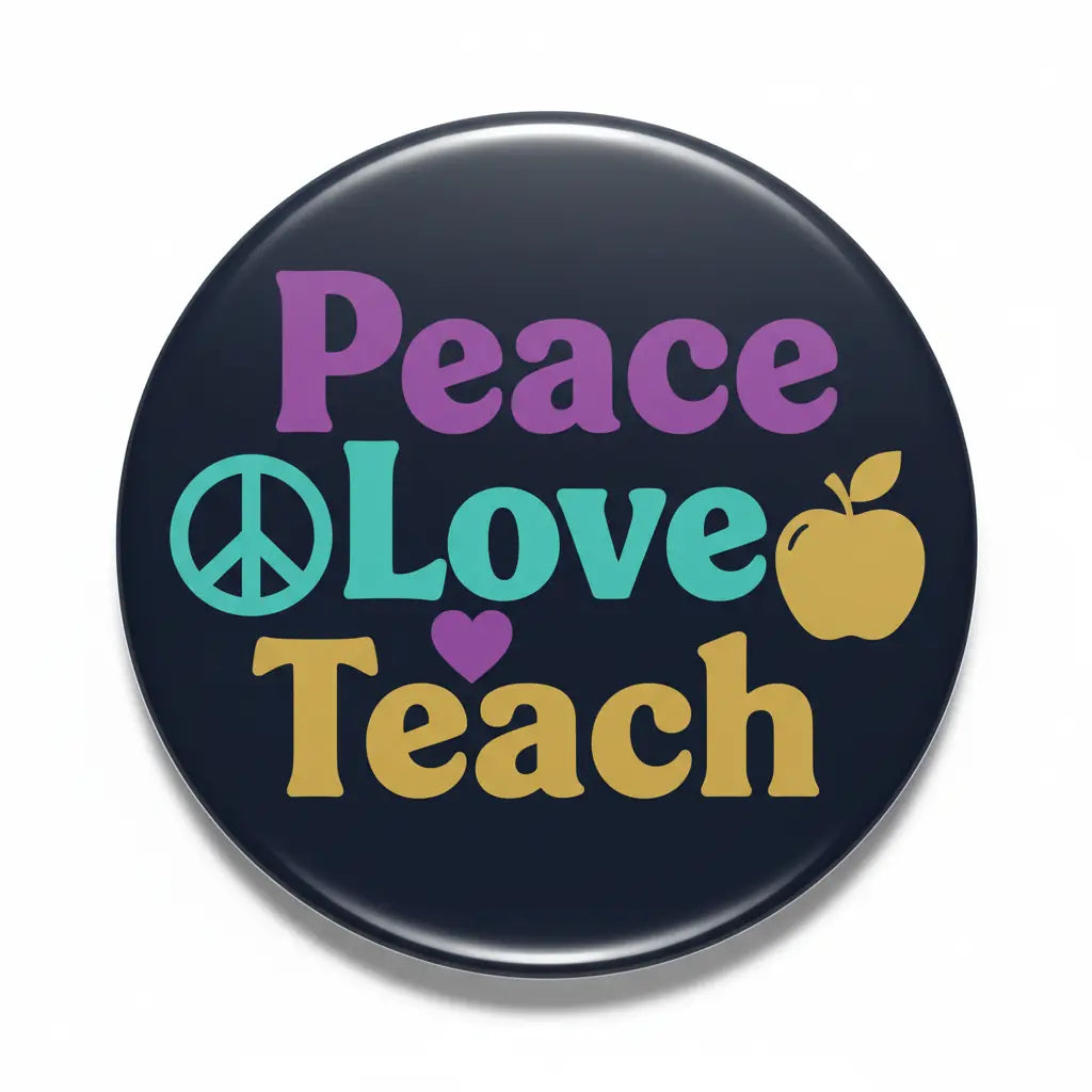 Dark round pinback button with Peace Love Teach lettering, heart and peace icon