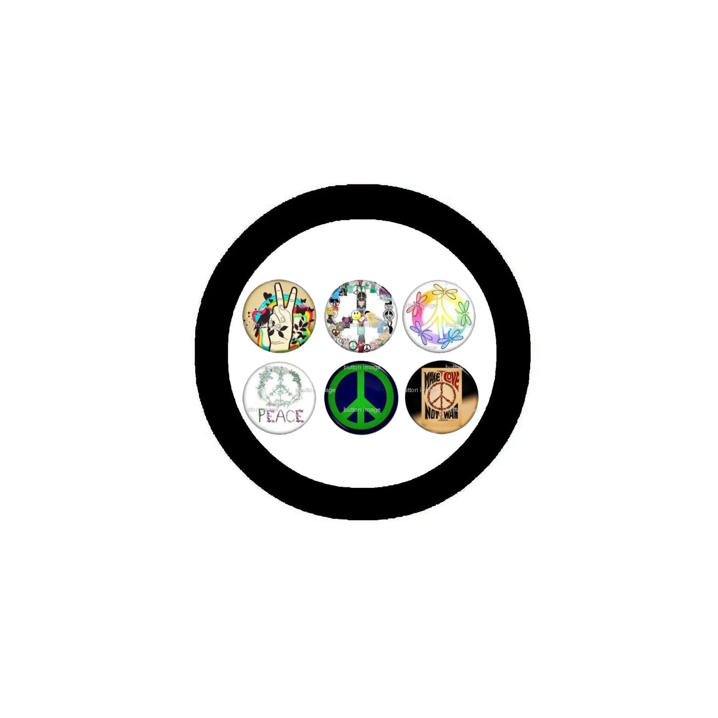 Hippie symbol pinback set of 6 colorful round peace and peace-sign designs