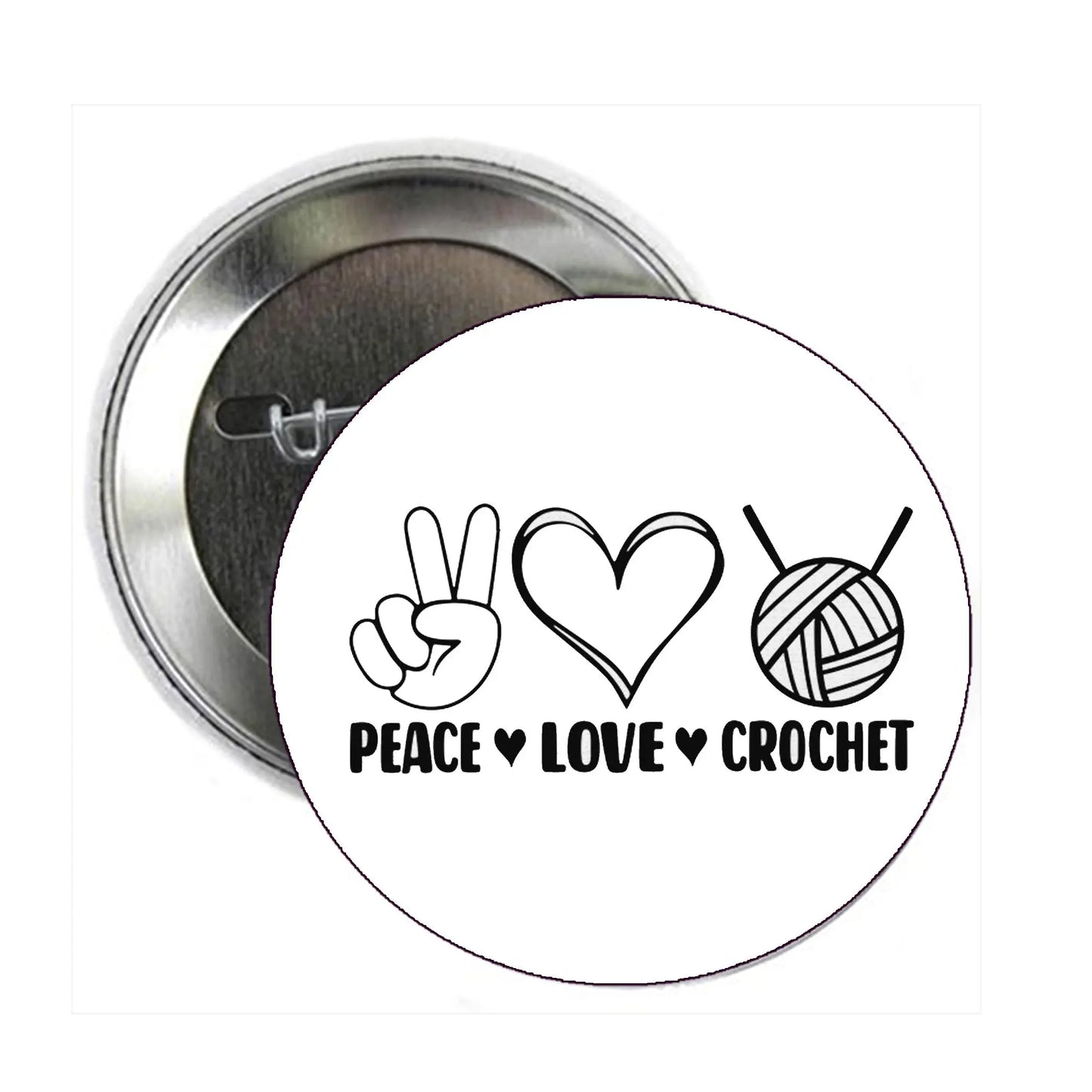 Peace Love Crochet 1.25-inch pinback button with heart and yarn crochet icon