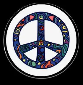 Colorful peace symbol pinback button with blue, red, yellow star details