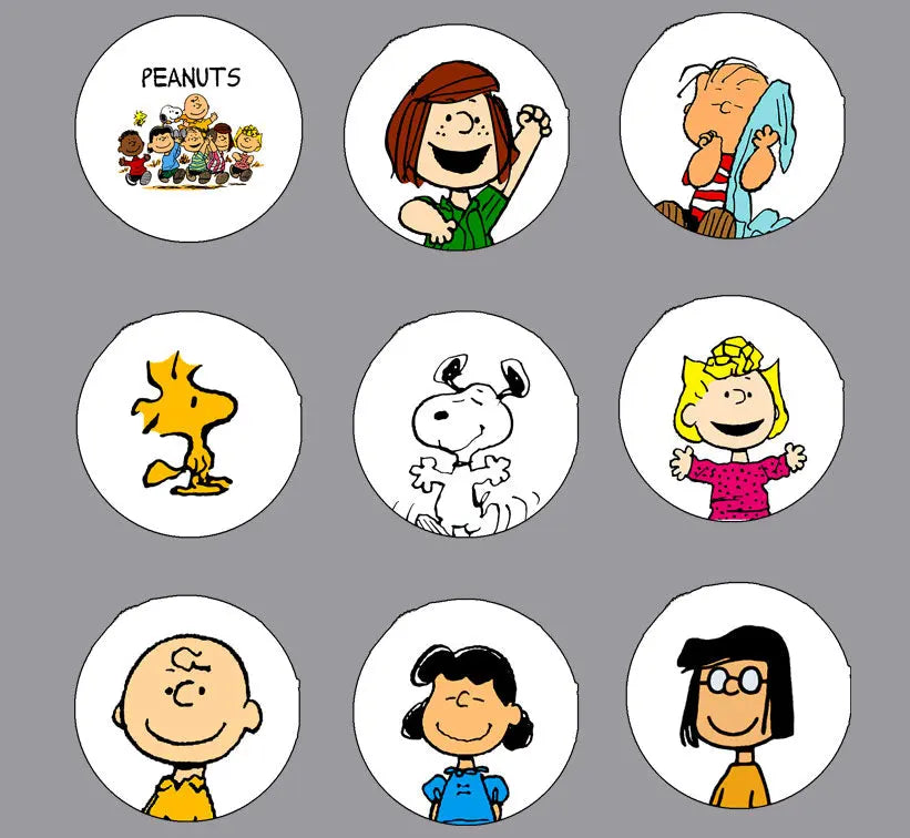 Set of 9 circular Peanuts character magnets, featuring Snoopy and friends
