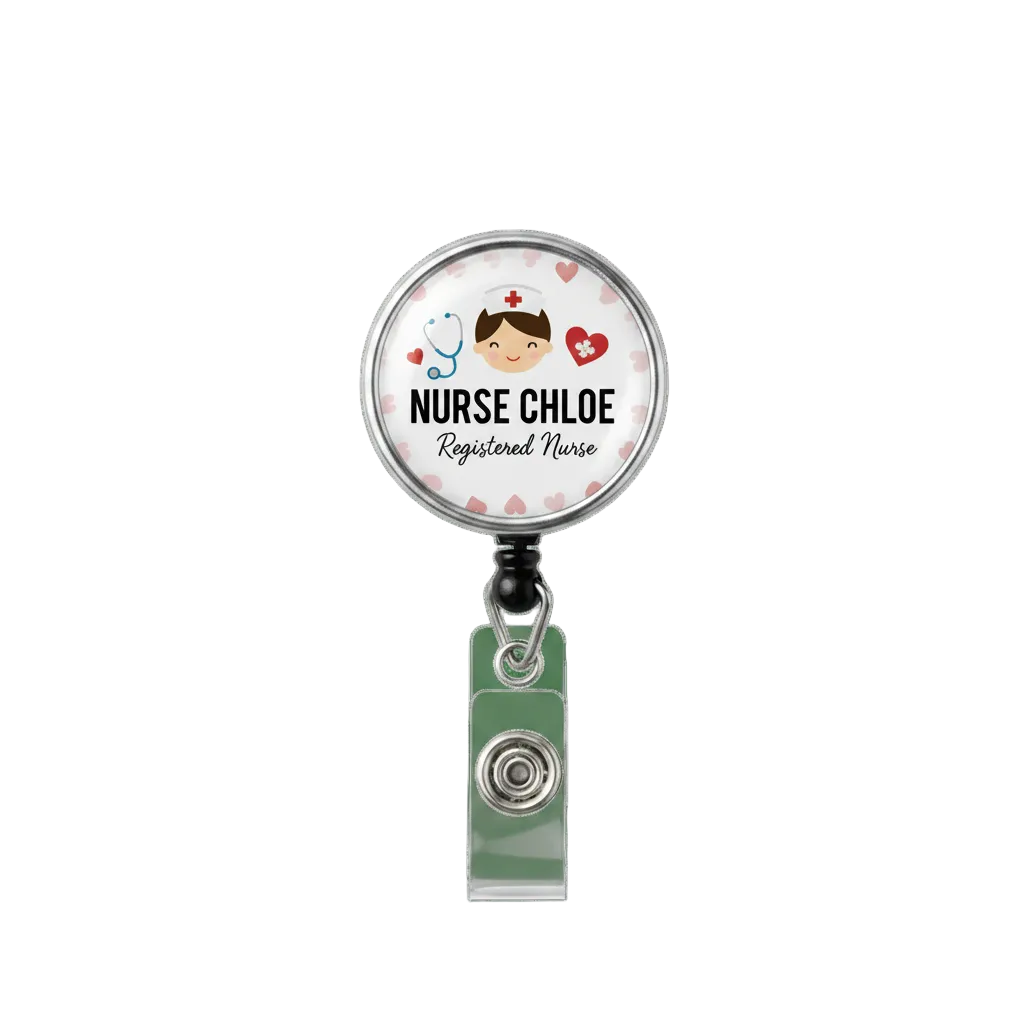 Personalized nurse badge reel with name 'Nurse Chloe' and photo ID holder