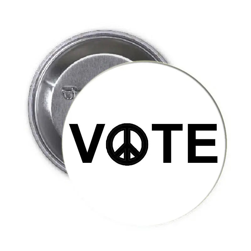 1.25-inch round pinback button with “VOTE” and peace symbol graphic