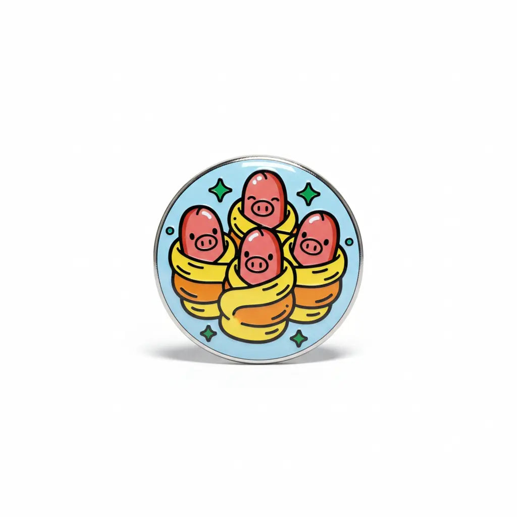 2.25-inch round pinback badge with cartoon pigs wrapped in yellow blankets on blue