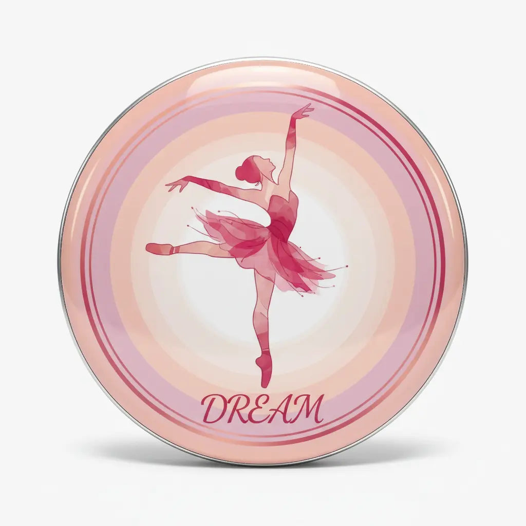 Pink dancer pinback button with ballet silhouette and "DREAM" lettering