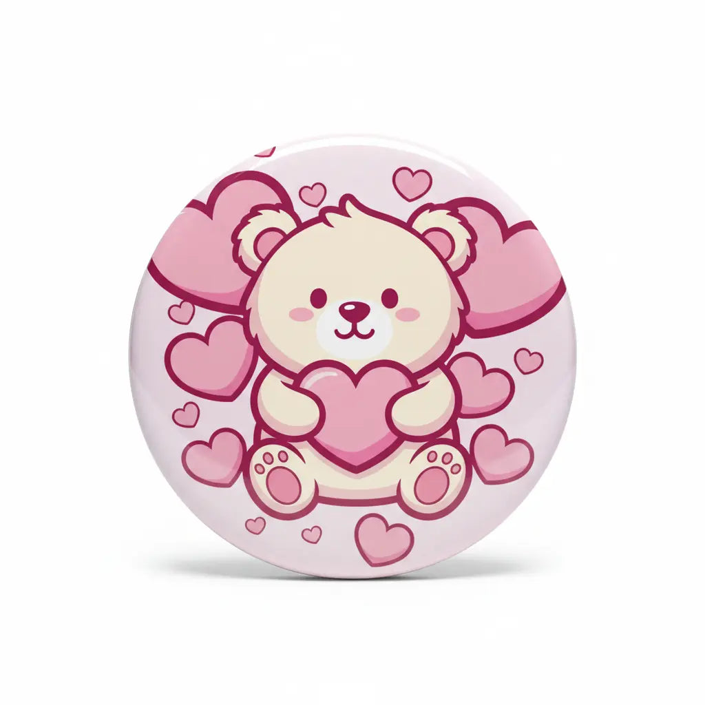 Round pink heart bear pinback button with cute bear face and hearts