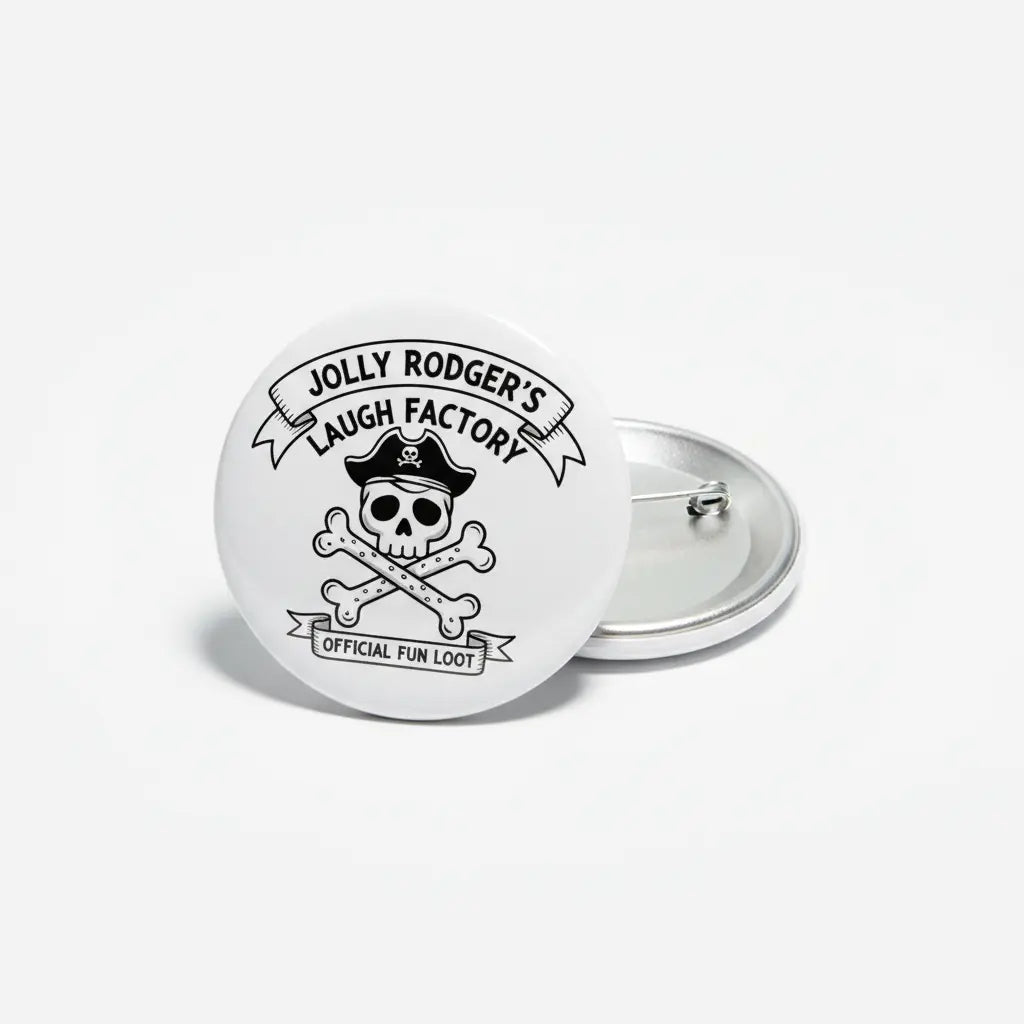 Round silver pirate joke pinback with black skull, crossbones, and Jolly Roger text