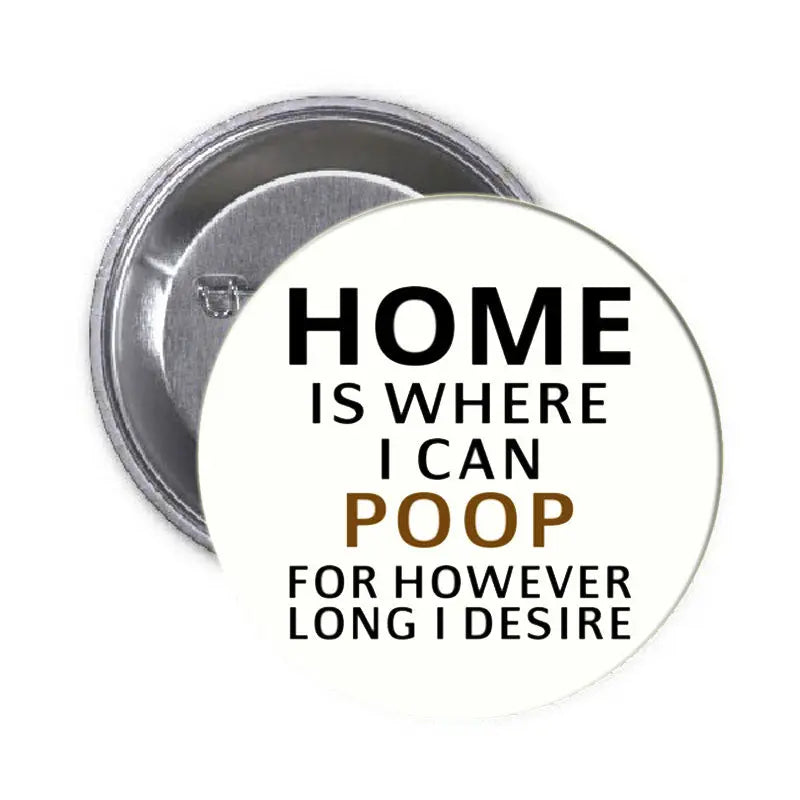 1.25-inch pinback button, circular, white face with bold black text and small gold lines
