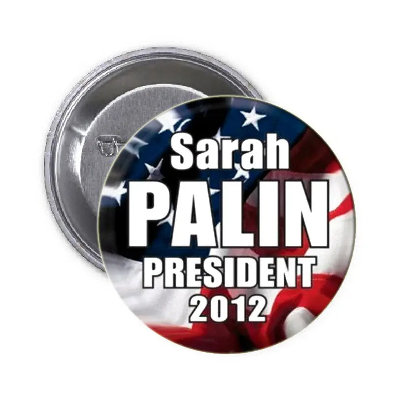 Round Sarah Palin President 2012 pinback button with stars and red white blue text