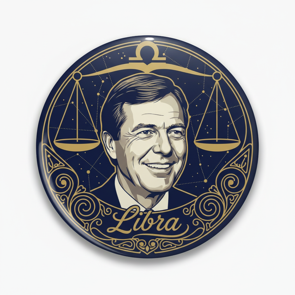 Round pinback button with a Libra zodiac symbol and portrait, navy with gold accents