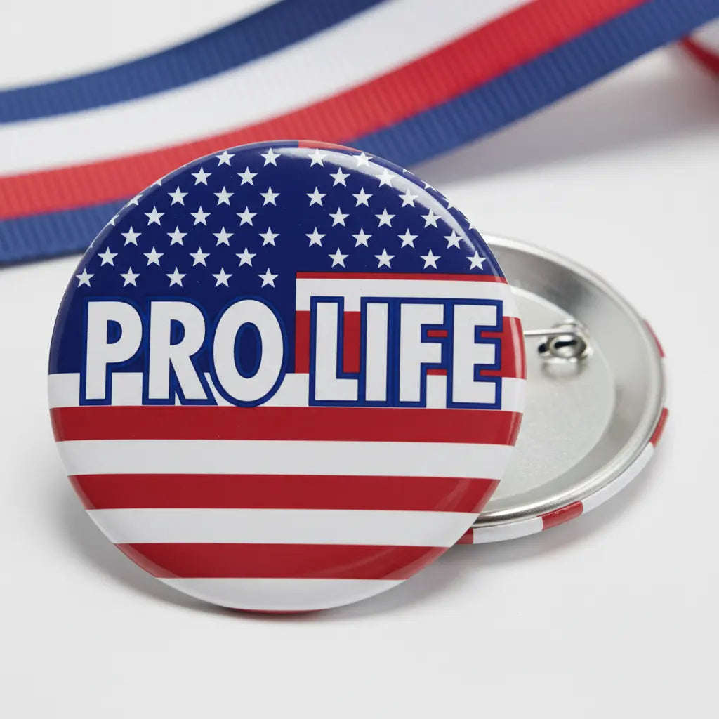 Round pinback button with Pro Life text and blue stars, red and white stripes