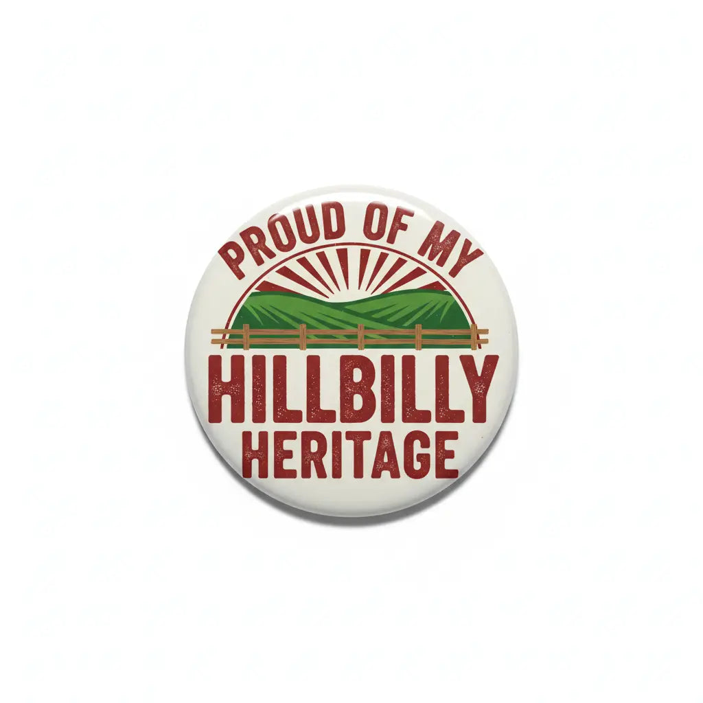 Heritage pinback button with 'Proud of My Hillbilly Heritage' text in red and green