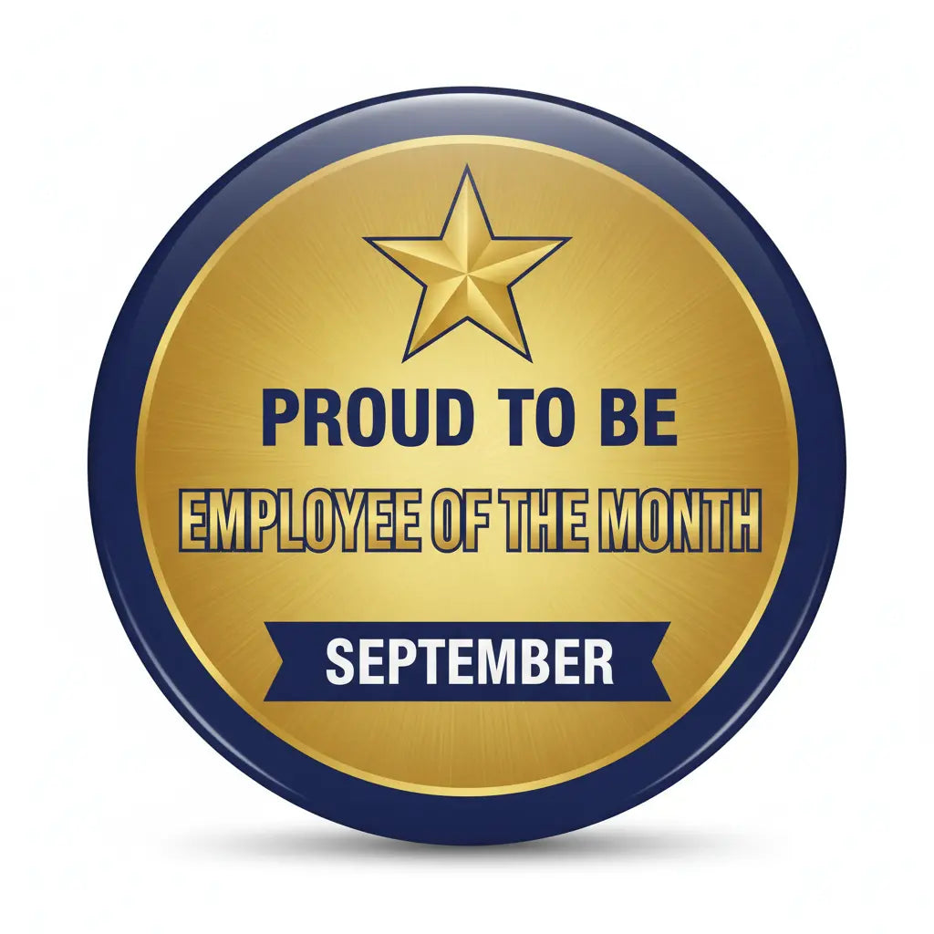 Round gold and blue pin badge with star and text: Employee of the Month, September