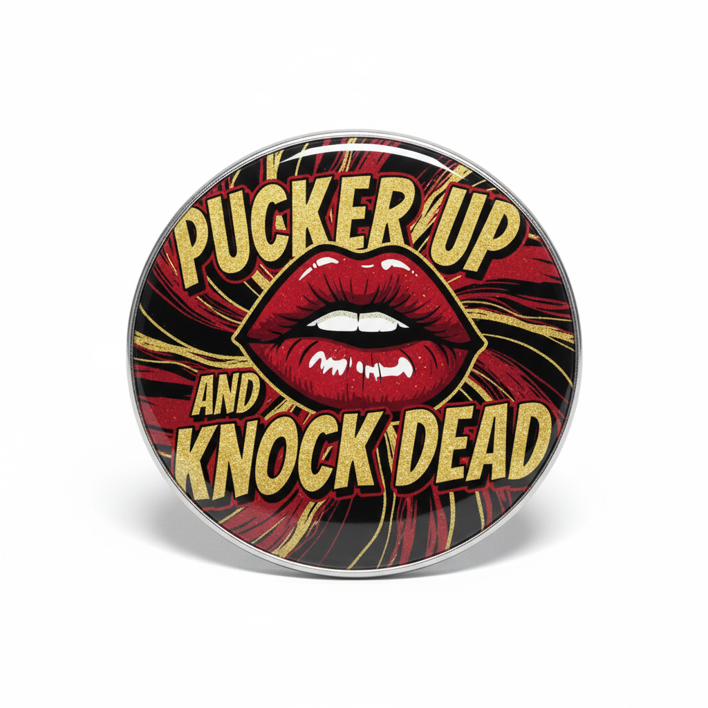Round pinback button with red lips graphic and text "Pucker Up" and "Knock Dead"