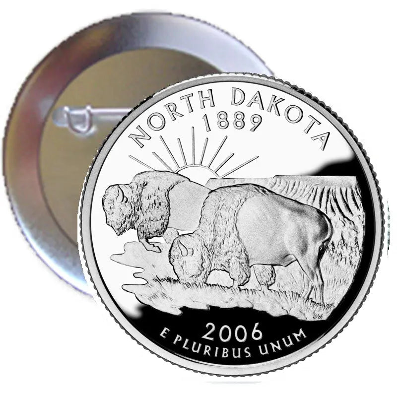 2.25-inch North Dakota quarter pinback button with bison design and text 'NORTH DAKOTA'