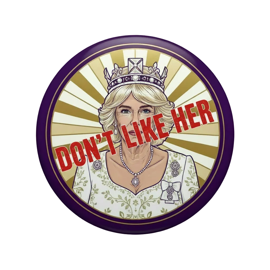 A circular illustrated pin or badge featuring a stylized portrait of Queen Camilla with a crown, set against a gold sunburst background with a dark purple border.