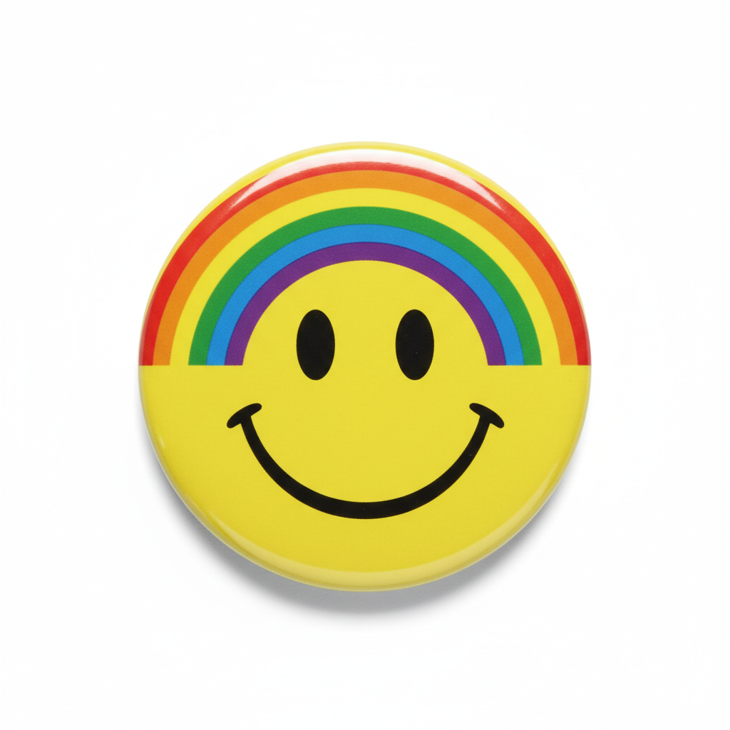 2.25-inch rainbow smiley face pinback button with smiling mouth and rainbow arc