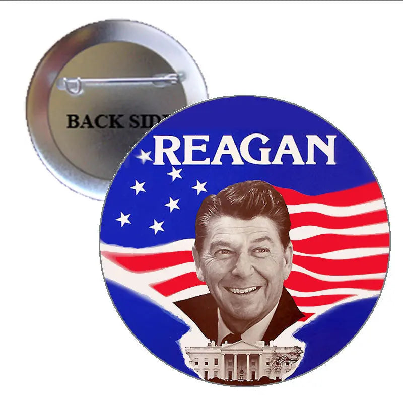 Reagan campaign pinback button with blue stars, red stripes, and Reagan portrait.
