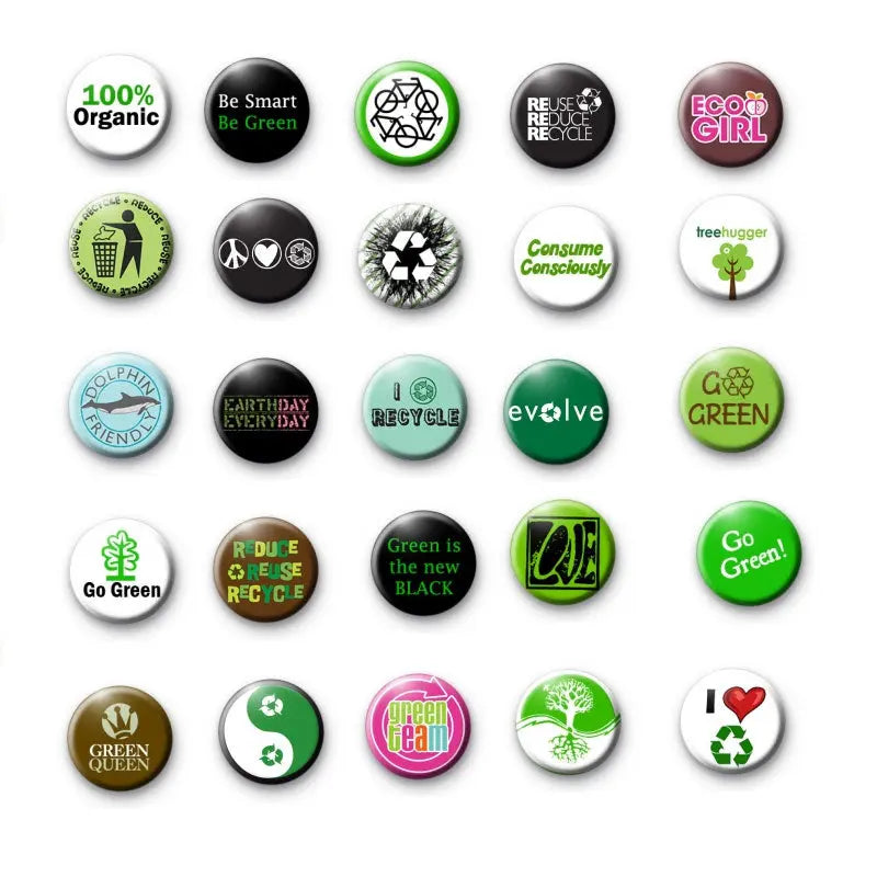 Recycling badge set of 25 round pins with assorted eco slogans, green tones