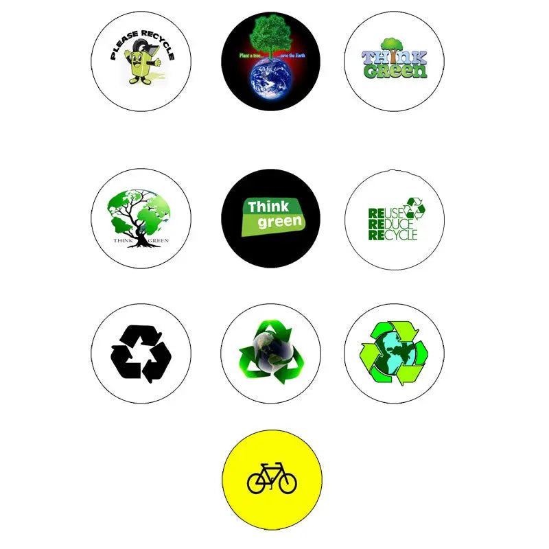 Set of 10 circular recycling-themed pinback buttons, 1.25 in, green icon designs