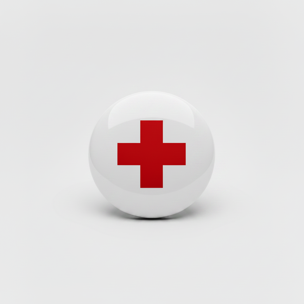 Round white lapel pin with red cross emblem