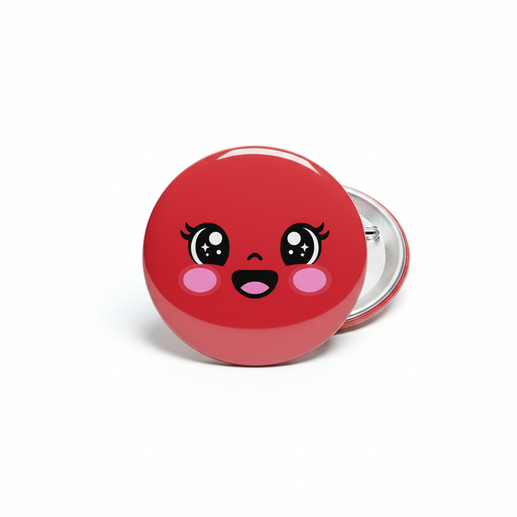 Red round kawaii smiley face pinback button with pink blush and metal clasp