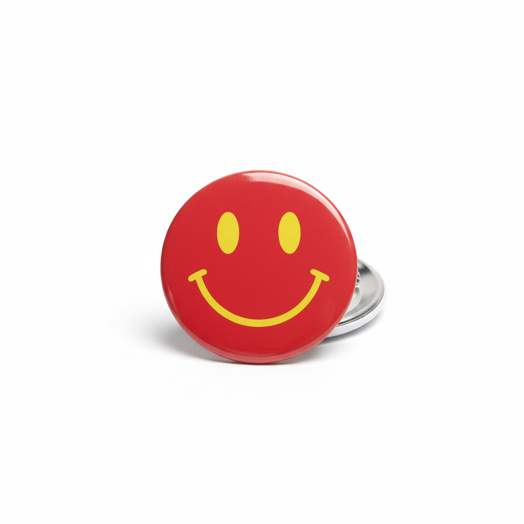 Red smiley face button pinback with yellow smile on round badge and metal back clip