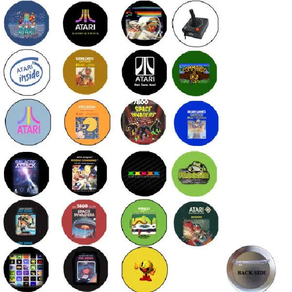 Atari retro pinback button set, 20 round 1.25-inch designs with classic game graphics