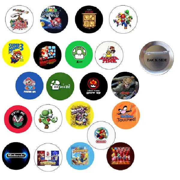 1.25-inch round retro gamer pinback buttons, 21-pack, assorted game character designs