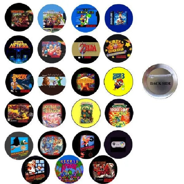 Set of 1.25-inch round Nintendo pinback pins with retro game artwork, front views