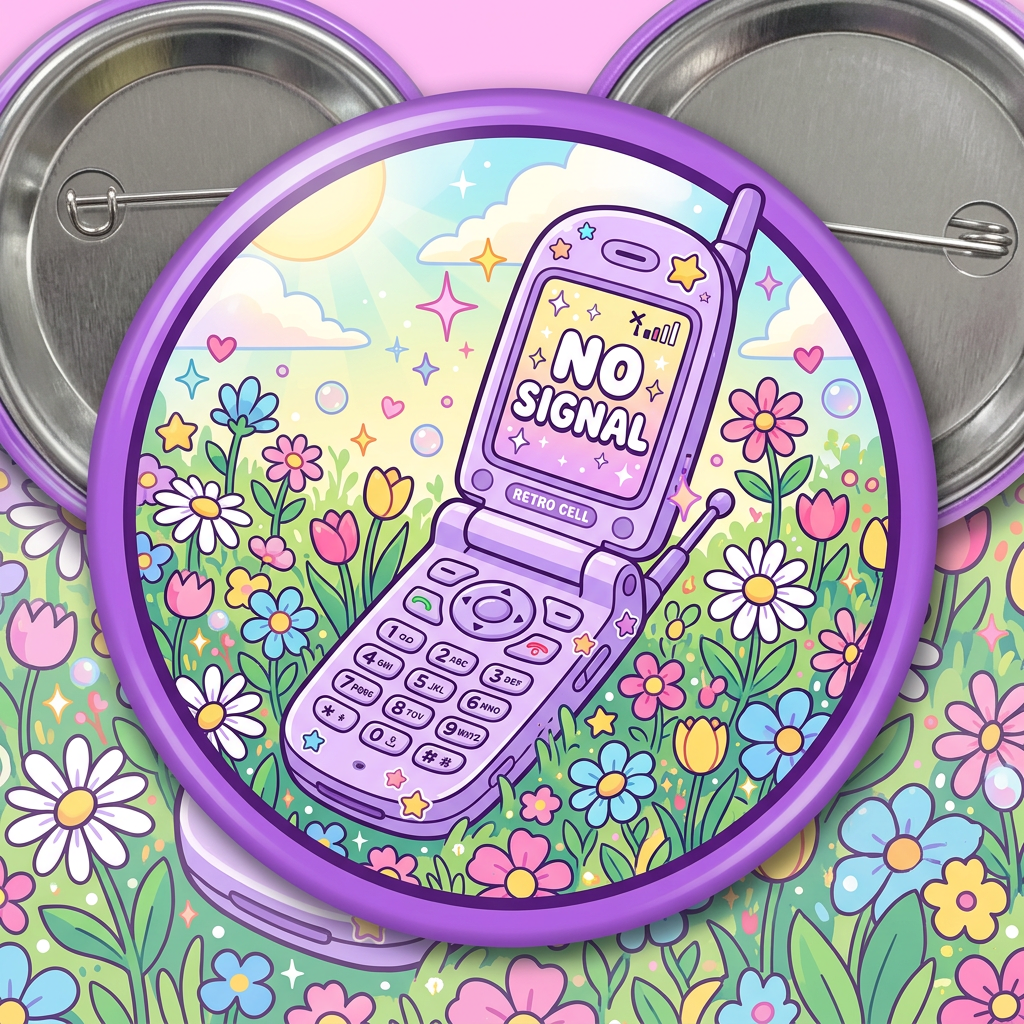 Retro Purple Flip Phone No Signal in Flower Field Y2K Nostalgic Design Pin Button 2.25-inch