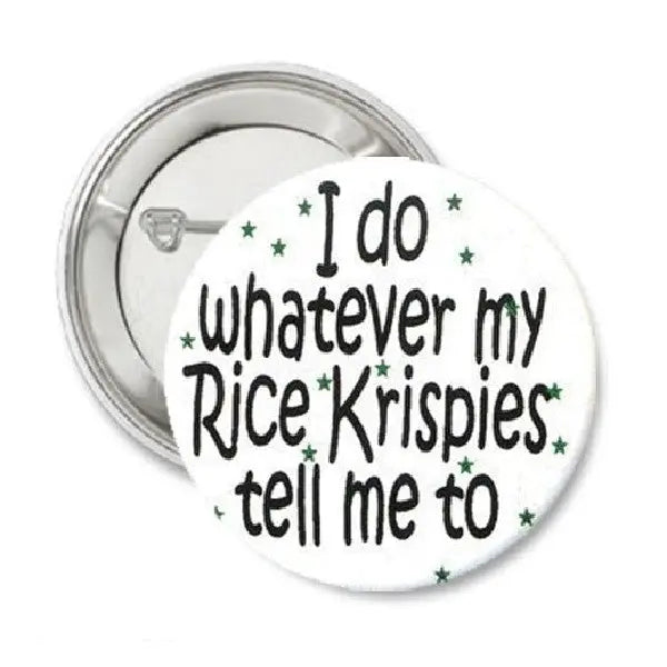 Round white pinback button with green star accents and slogan text; silver metal rim