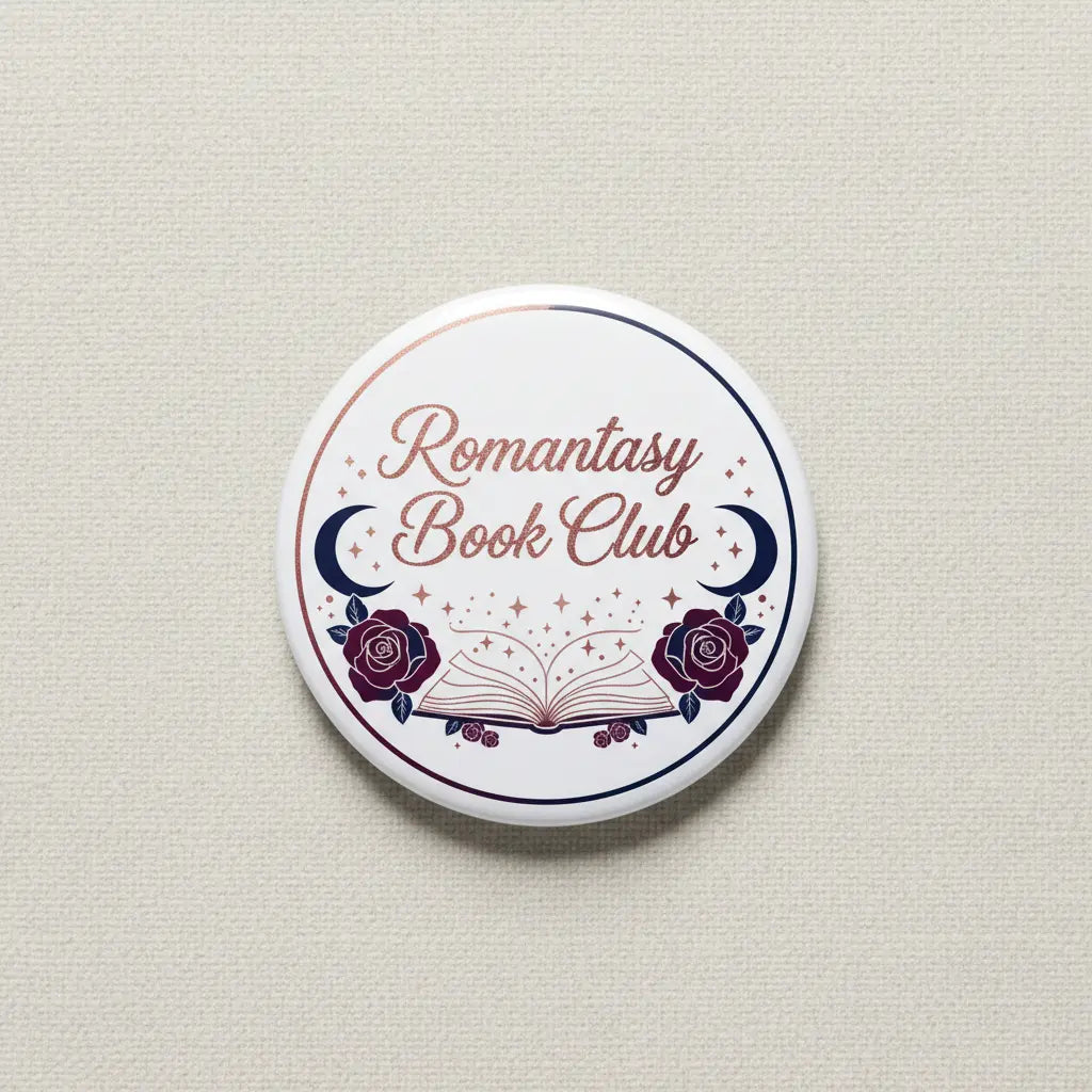 Romantasy Book Club pinback button with white background and blue title text, roses
