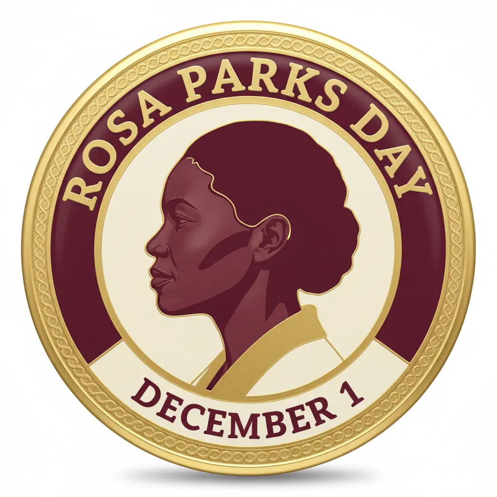 Rosa Parks Day pinback button, round gold edge with maroon profile and “December 1”
