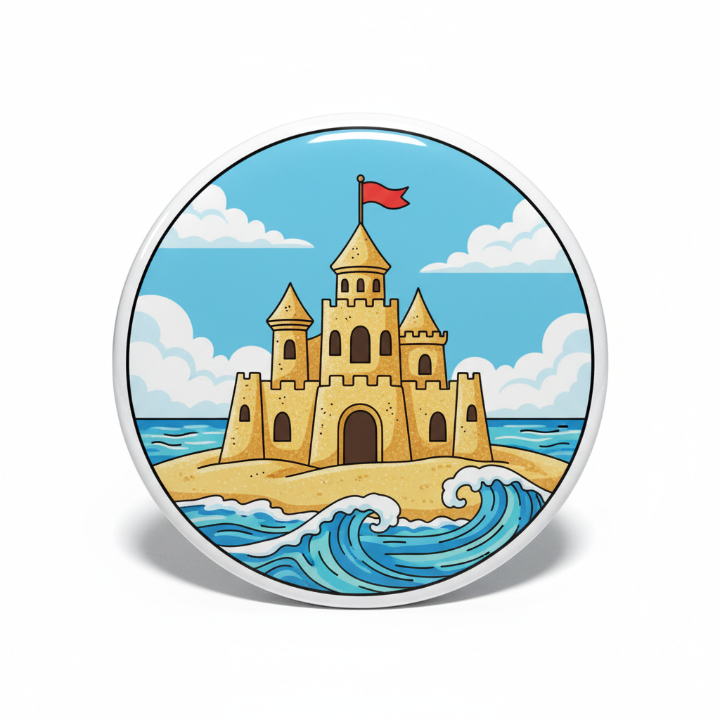 Round beach sand castle pinback button with blue wave and red flag design