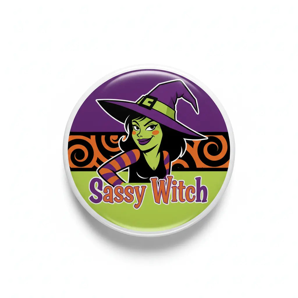 Halloween pinback button with purple witch hat and green witch illustration