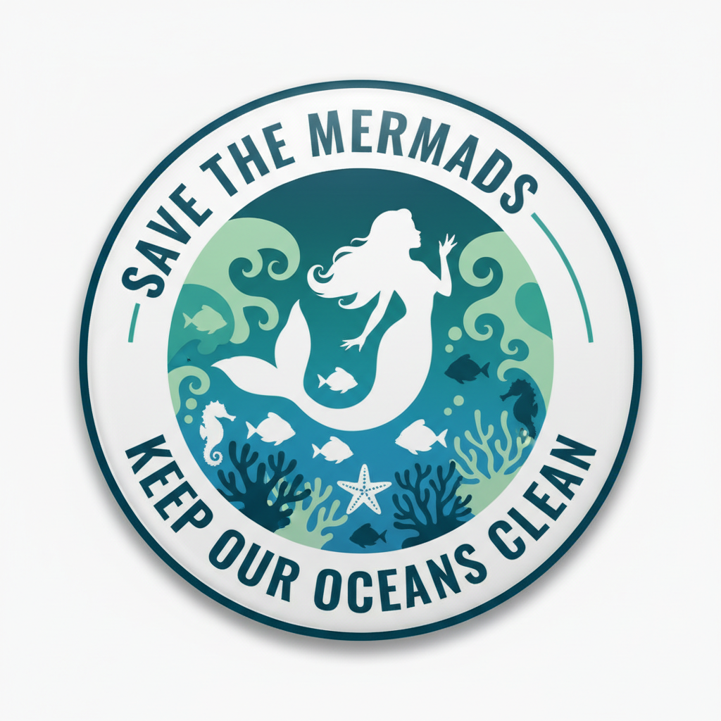 Ocean-themed circular pinback button with mermaid silhouette and teal text ring