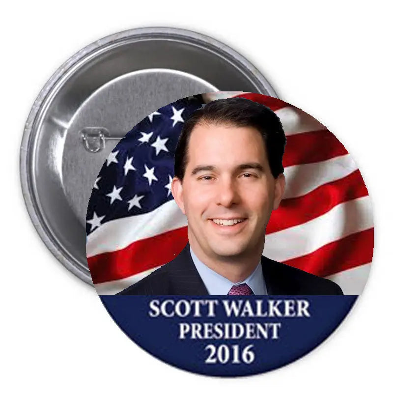 Scott Walker President 2016 pinback button, circular with photo, stars and stripes, text