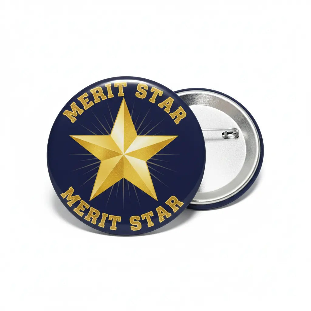 Round navy merit star enamel pin with gold five-point star and silver pinback
