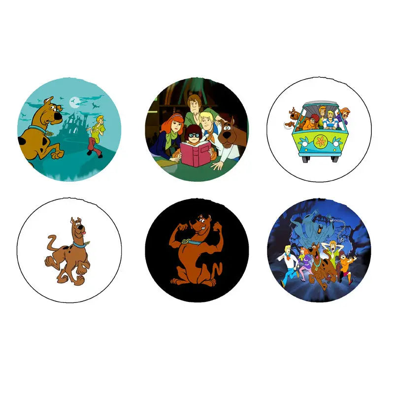 Set of 6 circular cartoon dog magnets, assorted dog designs on colored backgrounds