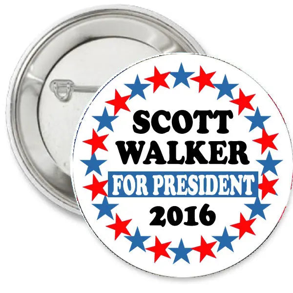 Round Scott Walker pinback button, white with red/blue stars and FOR PRESIDENT 2016
