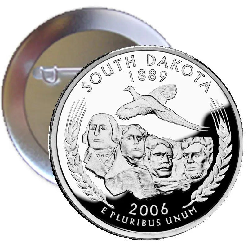 2.25-inch round silver pinback with South Dakota coin design, eagle and faces relief