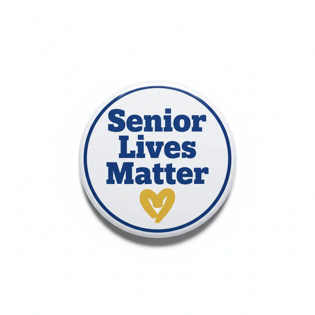 Round Senior Lives Matter pinback button with blue text and yellow heart