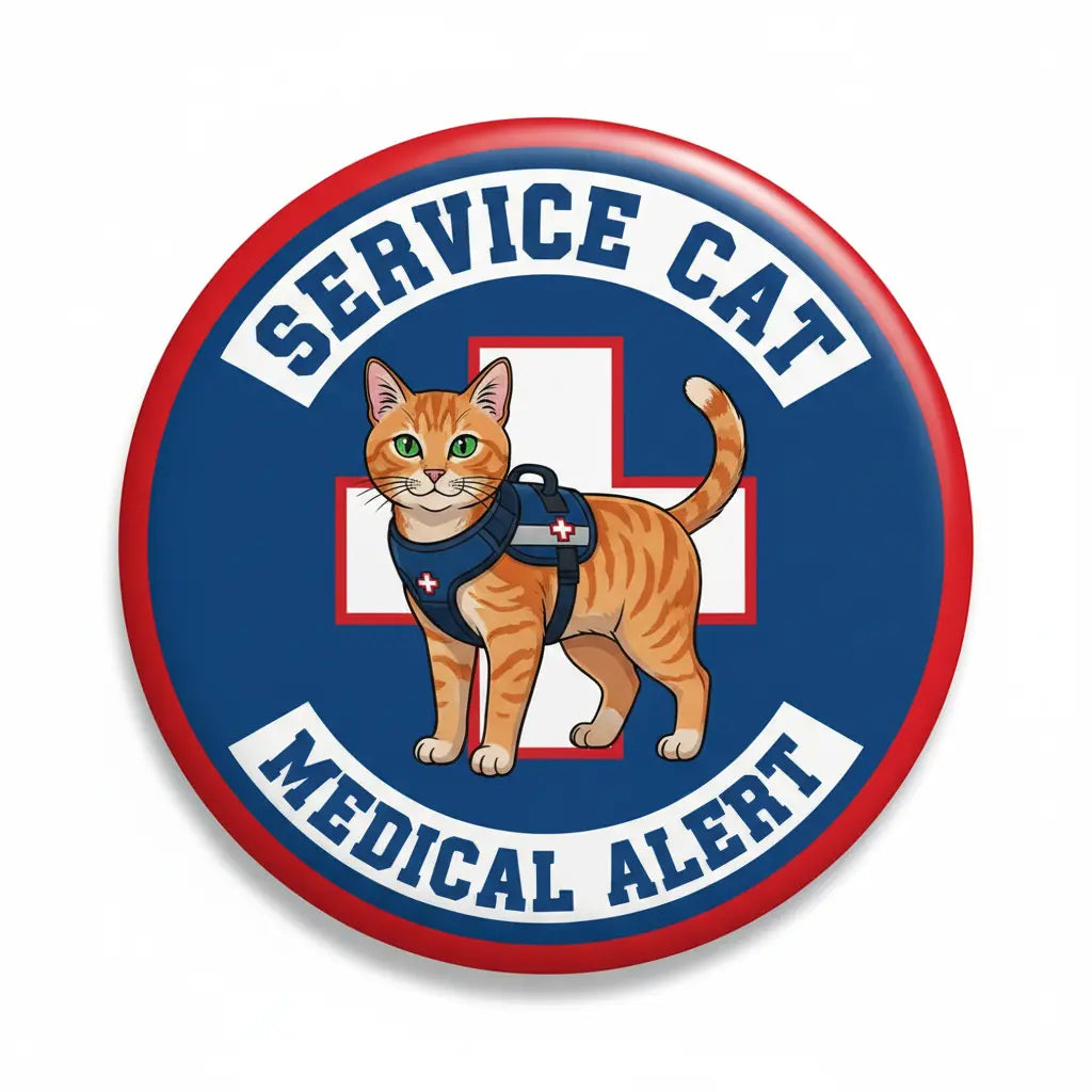 Round service cat medical alert pinback with orange tabby cat in vest and red cross