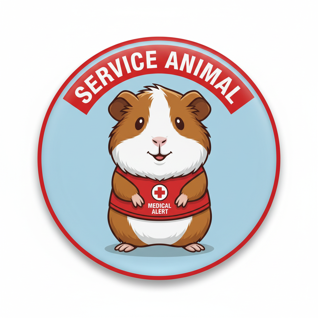 Round medical alert pinback with guinea pig, SERVICE ANIMAL text, and red cross