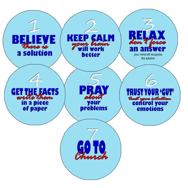 Set of 7 blue round magnets with faith-themed inspirational message text