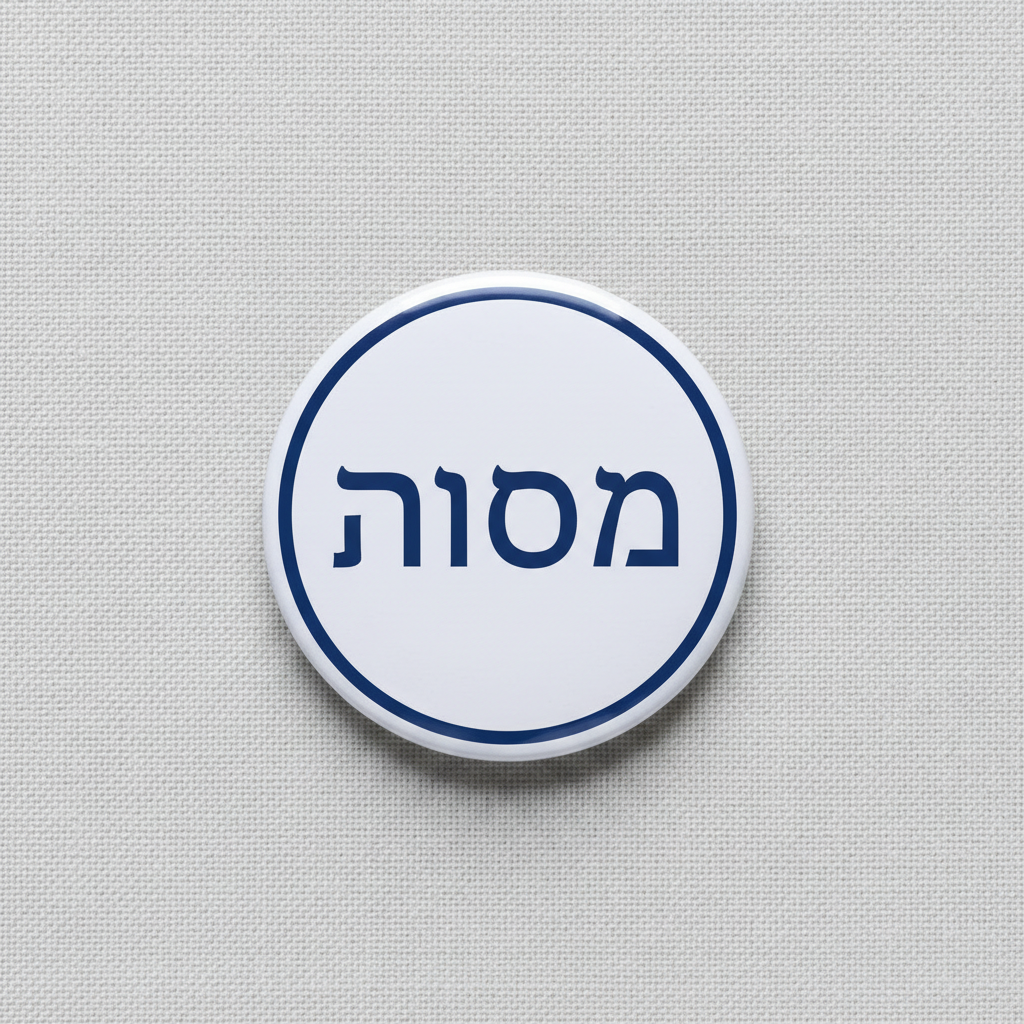 Hebrew pinback button with blue Hebrew text on white circle, navy border