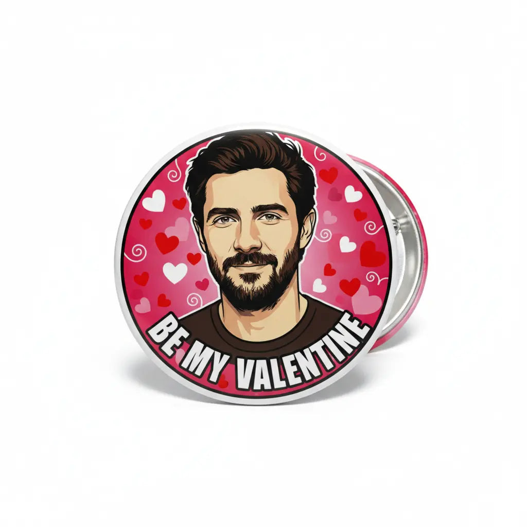 1.25-inch pinback button with portrait, red hearts, and Be My Valentine text
